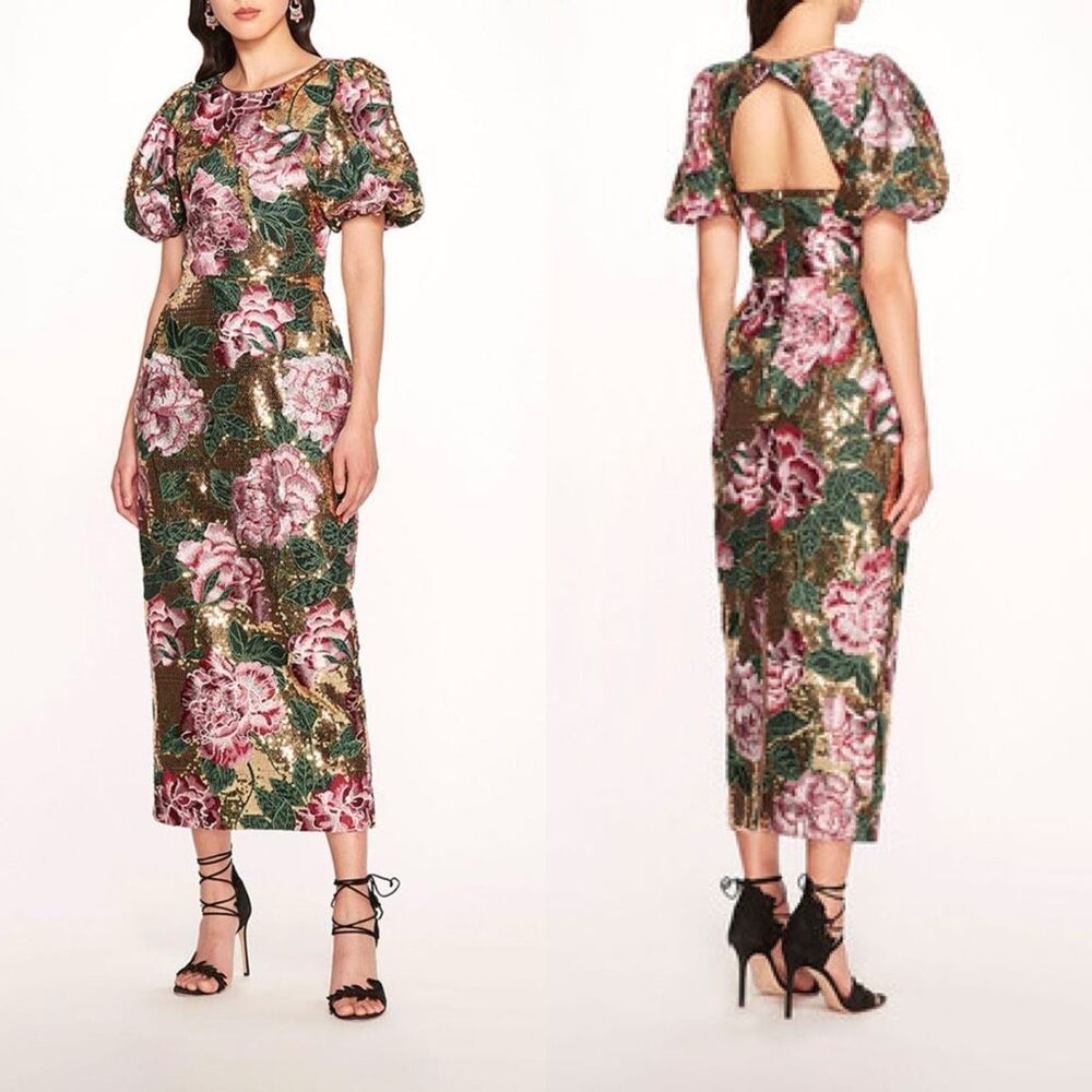NWT Marchesa Notte Sequin Embellished Puff Sleeve Dress Gold Size 8 $795